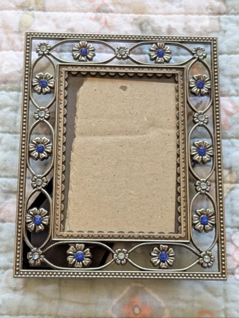 Decorative Silver Tone Floral Picture Frame with Blue Accents 2x3 Metal
